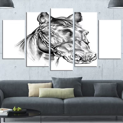 'Freehand Horse Head Pencil Drawing' 5 Piece Wall Art on Wrapped Canvas Set