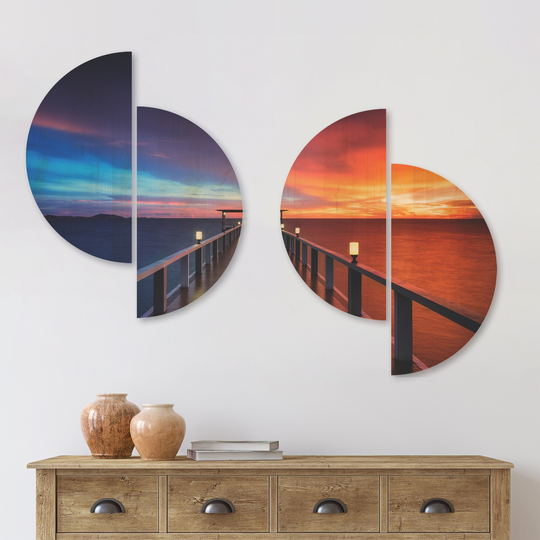 Designart 'Picturesque Seashore with Long Pier' Pier Seascape Wood Wall Art Set of 4 Half Circles - Multi-Color
