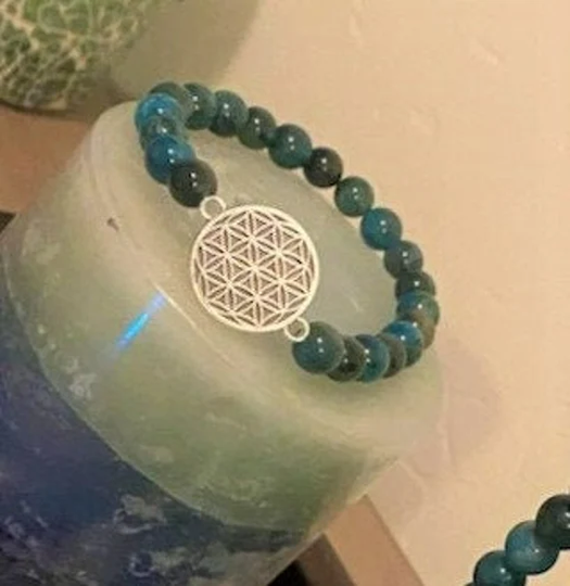 Blue Apatite Beaded Bracelet With Flower Of Life Charm