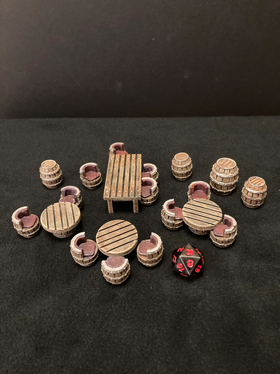 Dwarven Tavern Tables Chairs & Barrels/Painted 28mm Miniature Scatter Terrain For Dungeons Dragons Dnd Fantasy Dwarf Inn Furniture