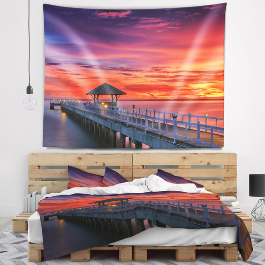 Designart 'Long Wooden Bridge and Colorful Sky' Sea Bridge Wall Tapestry