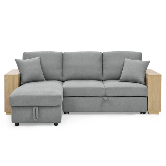 Classic Rustic L Shaped Sectional Sofa with Pulled out Bed, 3 Seats Sofa and Reversible Storage Chaise with Two Pillows