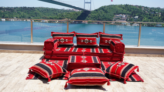 Red Turkish Floor Sofas, Ethnic Cushions, Minimal Cushion, Arabic Majlis Seating, Bench Reading Sofa, Oriental Seating