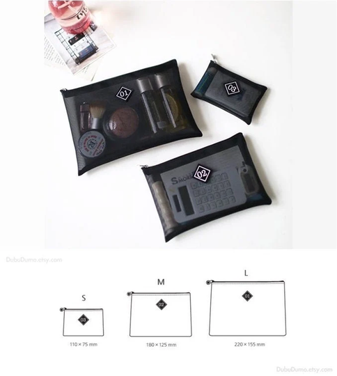 1/2/3 Mesh Pouch [3 Piece Set]/Daily Pouch Pencil Makeup Cosmetics Bag Travel Zipper Storage