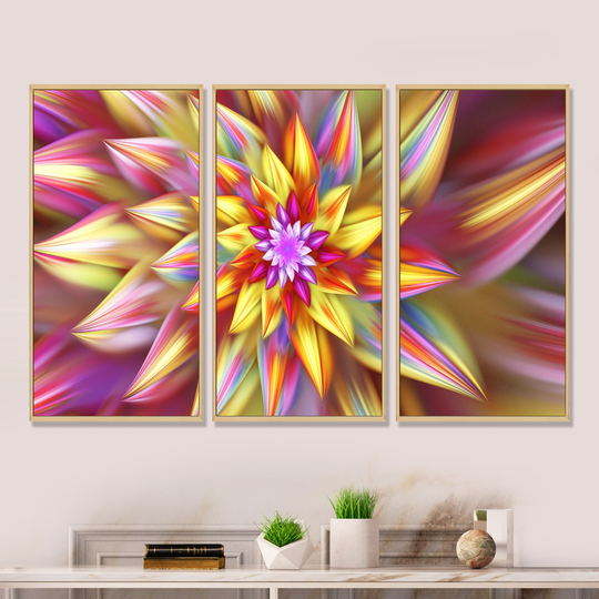 Designart 'Large Multi Color Alien Fractal Flower' Floral Framed Canvas Wall Art Set of 3 - 4 Colors of Frames