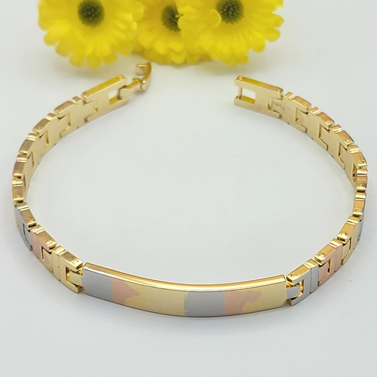 Tri Color Gold Plated Fashion Id Bar Bracelet. Oro Laminado