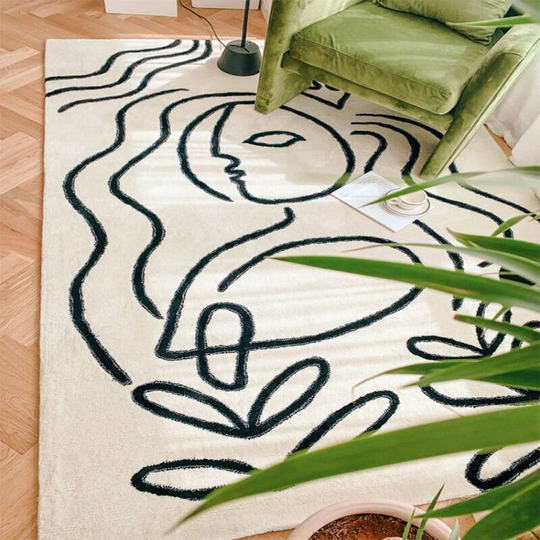 Simple Line Art Sofa Carpet, Women's Avatar Living Room Rugs, Black & White Bedroom Rug, Wool Gift