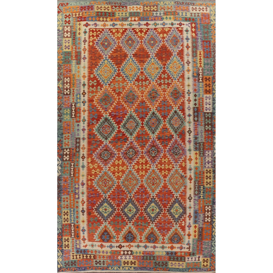 Multi-Color Geometric Kilim Large Rug Flat-weave Wool Carpet - 10'1"x 16'4"