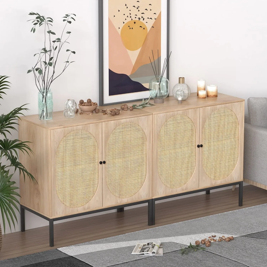 Grondin Mid-Century Modern Sideboard Buffet Set of 2, Wooden Console Table Set with 2 Natural Rattan Doors and Steel Base