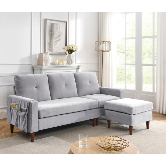 80" Convertible Sectional Sofa Couch, 3 Seats L-shape Sofa with Removable Cushions and Storge Pocket, Rubber Wood Legs