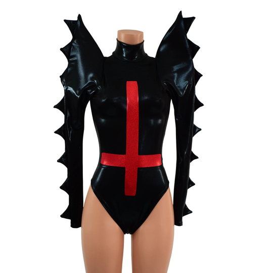 Black Mystique Brazilian Cut Romper With Inverted Cross, Turtleneck & Back Zipper, Spiked Mega Sharp Shoulder Sleeves 157773