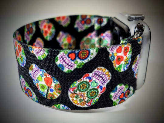 Sugar Skulls On Black Elastic Watch Band For Apple -38mm 40mm 41mm 42mm 44mm 45mm ; All Series | Models 1 - 8 & Se