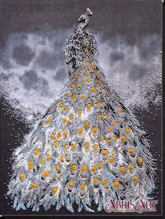 Diy Bead Embroidery Kit On Art Canvas "Gold in Silver - Peacock" Size 11.8"×14.9" | 30×38 cm, Gift | Abris