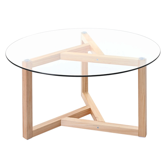 Round Coffee Table with with Tempered Glass Top & Sturdy Wood Base Side Table Modern End Table