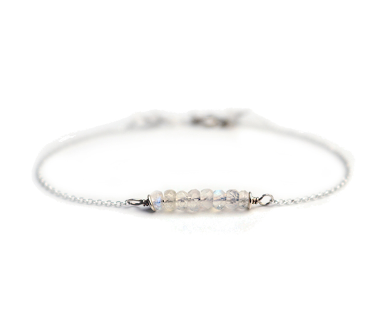 Rainbow Moonstone Gemstone Bar Bracelet, Birthstone Jewelry, Dainty Handmade Sterling Silver Custom Initial Personalized Adjustable Bracelet