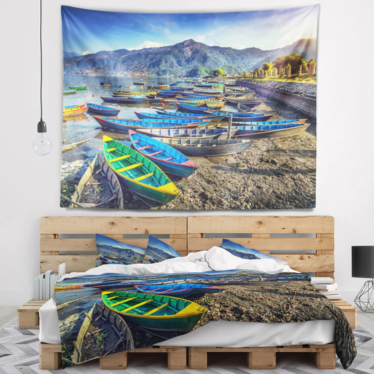 Designart 'Colorful Boats in Pokhara Lake' Boat Wall Tapestry