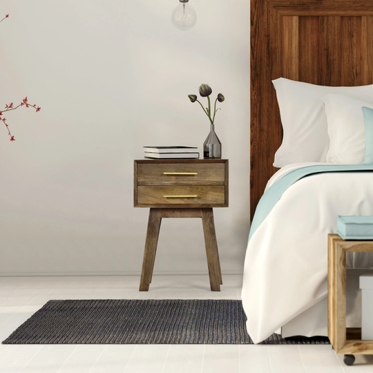 Spitiko Homes 2 Drawer Bedside Table With Mango Wood & Brass Handel Walnut 17x13x24