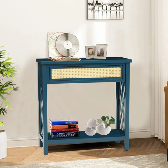 Kinbor Wood Console Table with Rattan Drawer & Bottom Shelf, Modern Sofa Table Entry Hallway Table for Living Room Bedroom