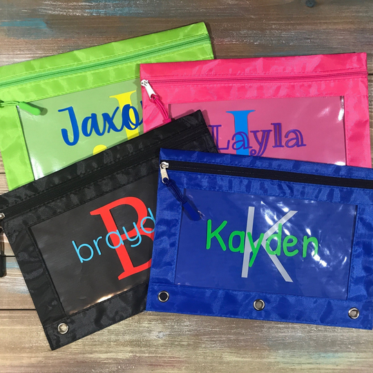 Personalized Monogram Name Pencil Pouch For Kids | Crayon Bag Case Back To School Supplies Zipper 3 Ring Binder