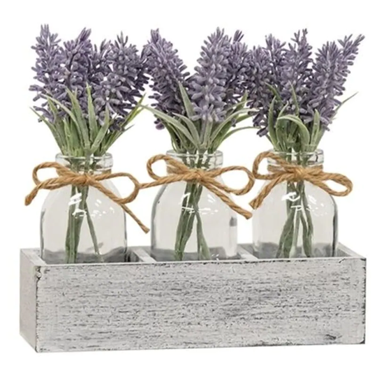 Lavender Vase Trio in Wood Crate - Multi-Color
