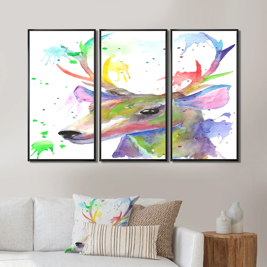 Designart 'Portrait Of Colorful Deer' Traditional Framed Canvas Wall Art Set of 3 - 4 Colors of Frames