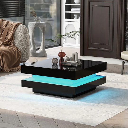 High Gloss Minimalist Coffee Table with plug-in 16-color LED Lights, 2-Tier Square Coffee Table, Center Table
