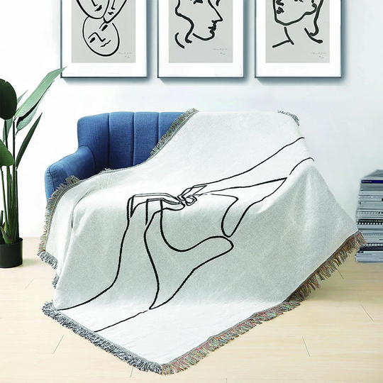 Large Size Double Sofa Blanket, Lover Woven Throw Blanket, Simple Black White Line Blanket, Nordic Heart Shaped Living Room Decoration