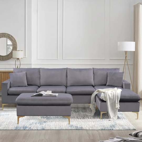Sectional Sofa with Ottoman, L-Shape Elegant Velvet Upholstered Couch with 2 Pillows