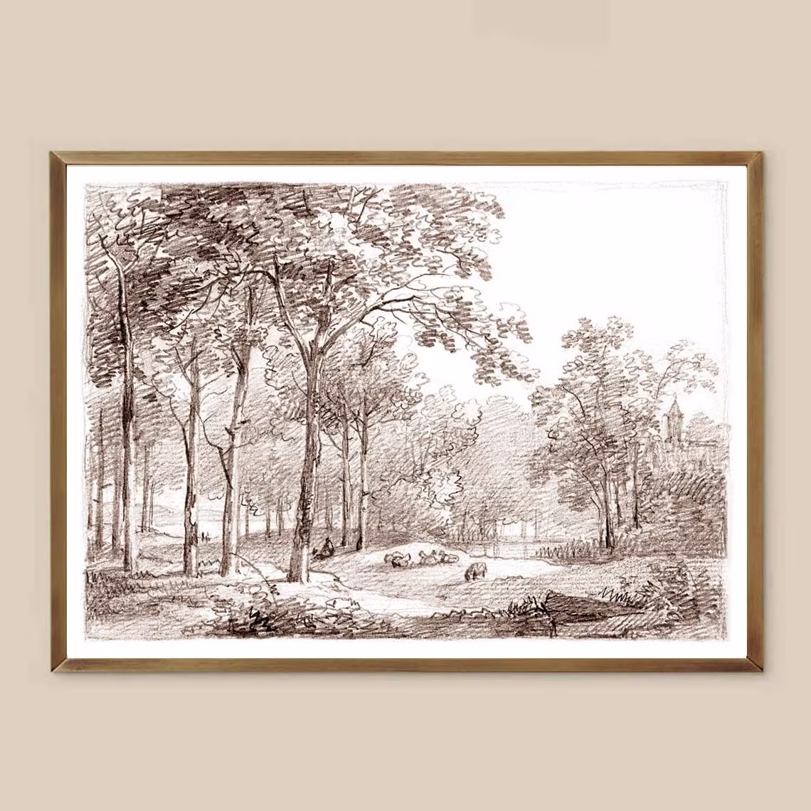 Pencil Sketch Landscape Art Print, Home Decor, Sepia Landscape Vintage Drawing, Neutral Sheep in Background