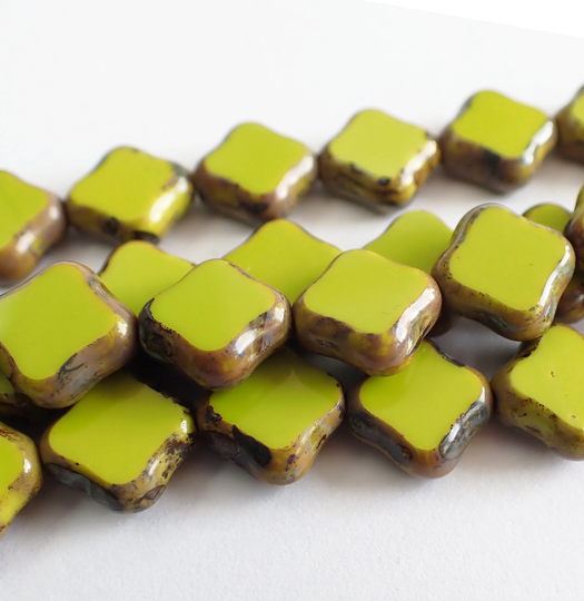 15% Off 6 - Lime Green Picasso 12mm Table Cut Rounded Diamond Beads, Opaque, Czech Republic Glass Beads