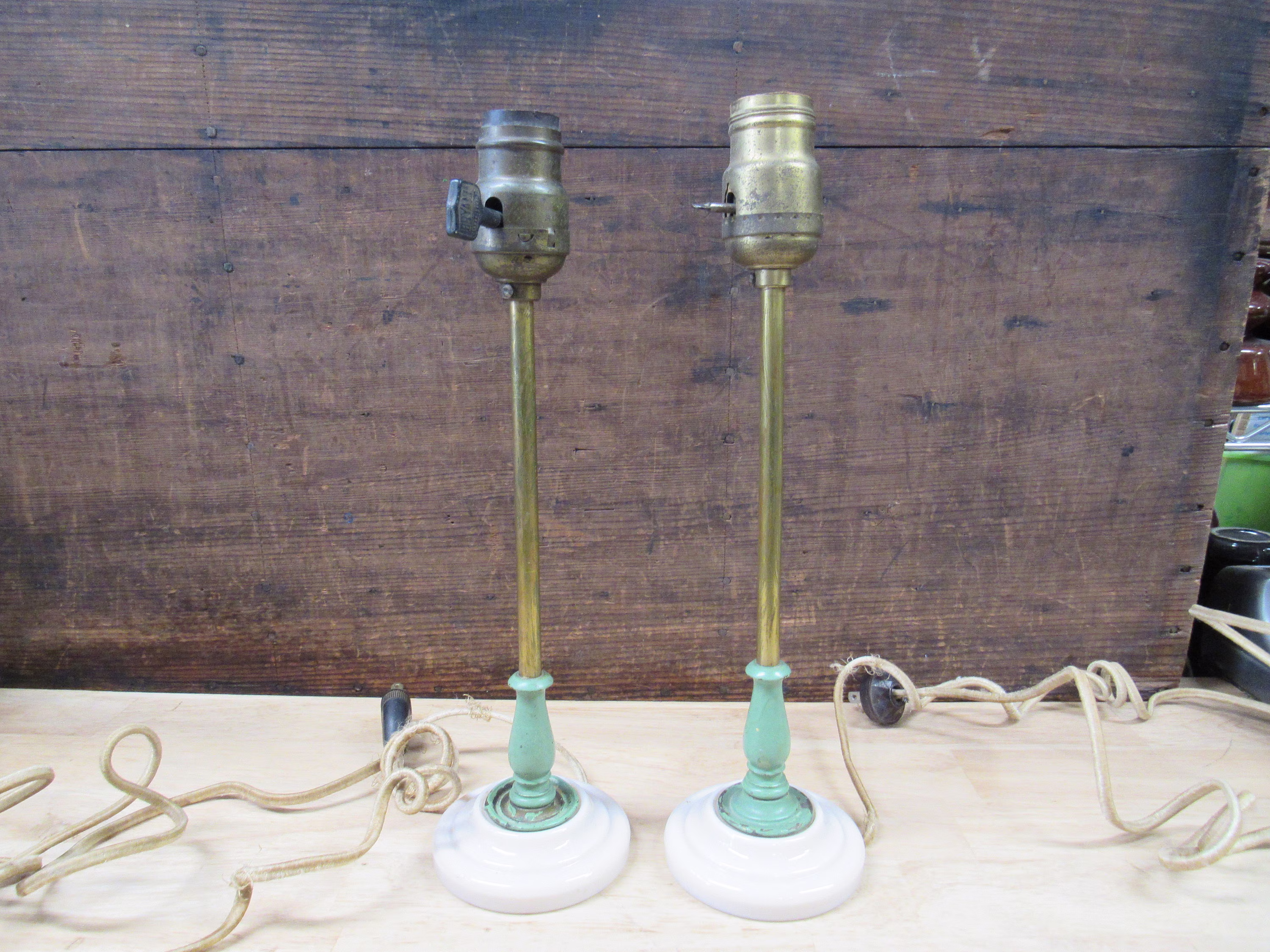 Milk Glass Lamps, Cream Porcelain & Green Painted Candlestick Upcycled Chippy Pencil Lamps