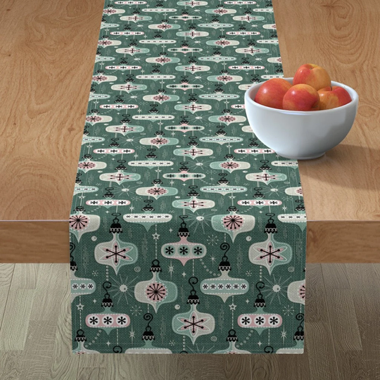 Retro Christmas Table Runner - Atomic Age Ornaments By Studioxtine Pine Green Vintage Style Cotton Sateen Spoonflower