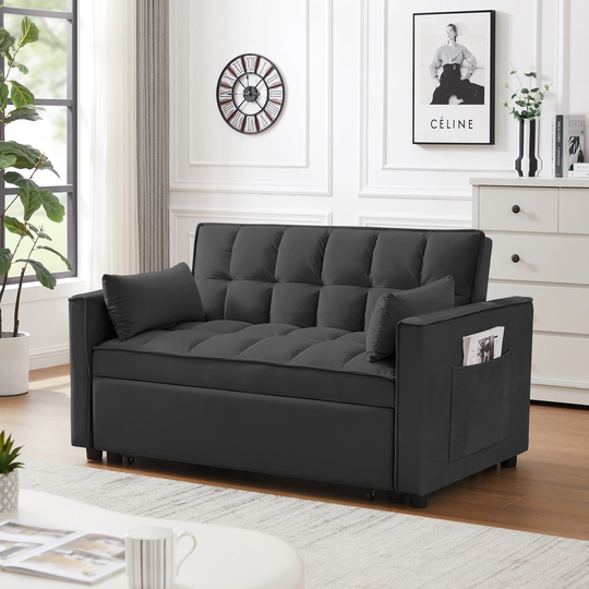 Modern Velvet Loveseat Futon Sofa Pull out Bed, Love Seat Lounge Couch with Reclining Backrest, 3 in 1 Convertible Sleeper Sofa