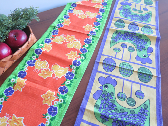 Vintage Easter Table Runners Set Of 2, Cloth Scandinavian Home Interior, Chicks Eggs Flowers #5-17-19
