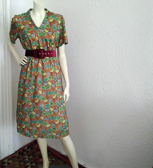 60S-70S Mod Dress Green Colorful Retro Floral Midi Short Sleeve Botanical Elegant Shawl Collar Jersey