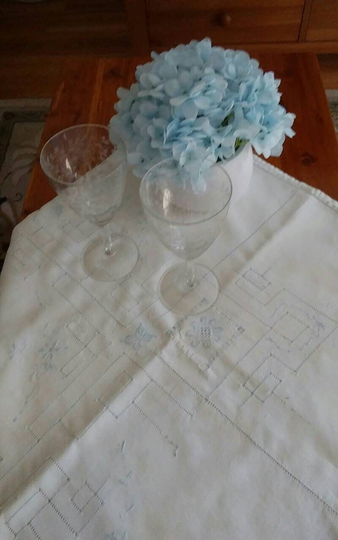 Vintage Embroidered Table Cloth, White Linen W Light Blue Stitching, Square Tablecloth 45"x43", Shabby Chic/Farmhouse Decor, Cottonblend