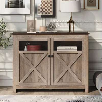 47.6 Inch Wide 2 Door Farmhouse Sideboard Cabinet With Glass Inlay