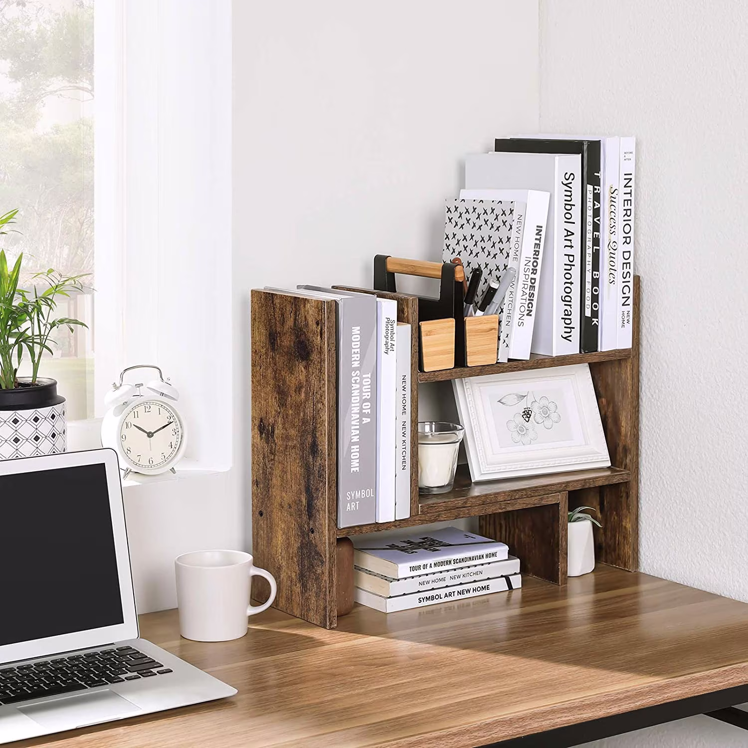 Brown Wooden Desktop Organizer Storage Rack, Shelving Unit, Bookcase, Book Storage, Magizine Holder Home Gifts