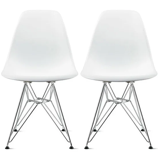 2xhome Set of 2 White Molded Shell Designer Side Plastic Eiffel Chairs Chrome Metal Dining Room Living Conference DSW Kitchen