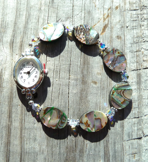 Abalone & Swarovski Crystal Watch, Durable Stretchy Band, Multiple Size Options