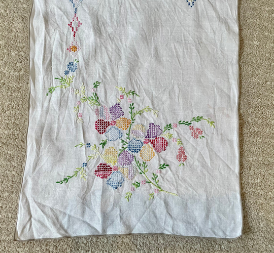Vintage Hand Embroidered Linen Table Runner With Cross Stitch Flowers 38", Vintage Decor Table Linen Pink Green, Antique Kitchen Linen