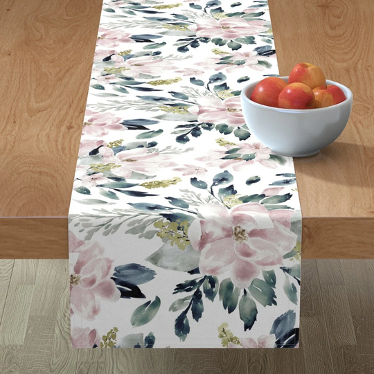 Watercolor Table Runner - Magnolia By Northeighty Botanical Pink & Green Romantic Extra Large Cotton Sateen Spoonflower