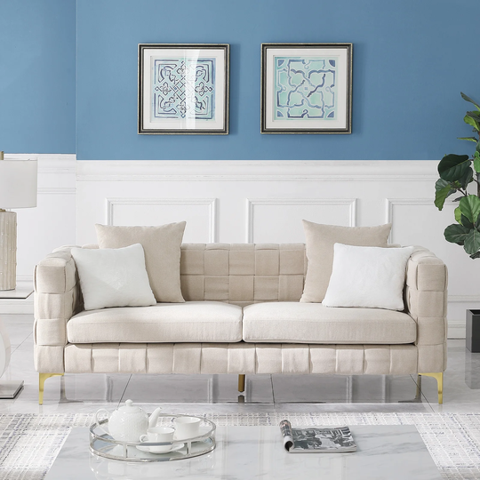 Snowflake Velvet Handcrafted Weave Sofa Modern Luxurious Plush Cushions Loveseat with 4 Square Accent Pillows For Living Room