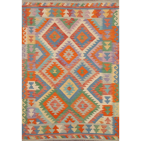 Colorful Kilim Area Rug Hand-woven Multi-Color Wool Carpet - 5'1" x 6'6"