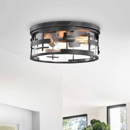 Teresa Metal and Clear Glass 3-light Antique Black Flush Mount