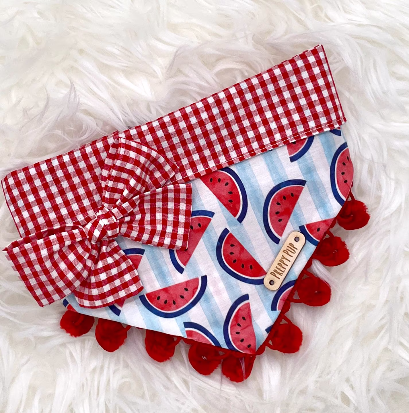Watermelon & Gingham Patriotic Dog Bandana With Optional Pom Trim
