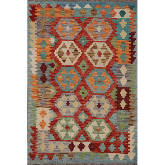 South Western Kilim Oriental Area Rug Flat-weave Colorful Wool Carpet - 3'5" x 4'11"