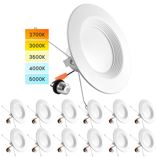 Luxrite 5/6" LED Recessed Downlight, Color Selectable 2700K - 5000K, Dimmable Can Light, 1100lm, Baffle Trim 12-Pack