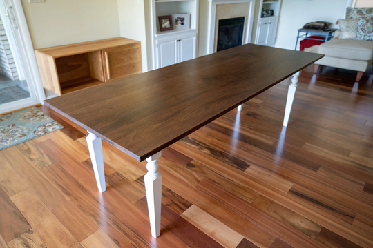 Farmhouse Style Dining Table, Walnut Rustic Table With Wooden Legs, Country White Legs