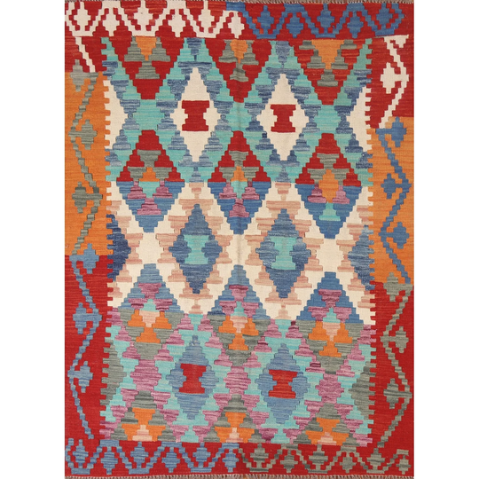 Reversible Multi-Color Kilim Area Rug Hand-woven Wool Carpet - 4'11" x 6'4"